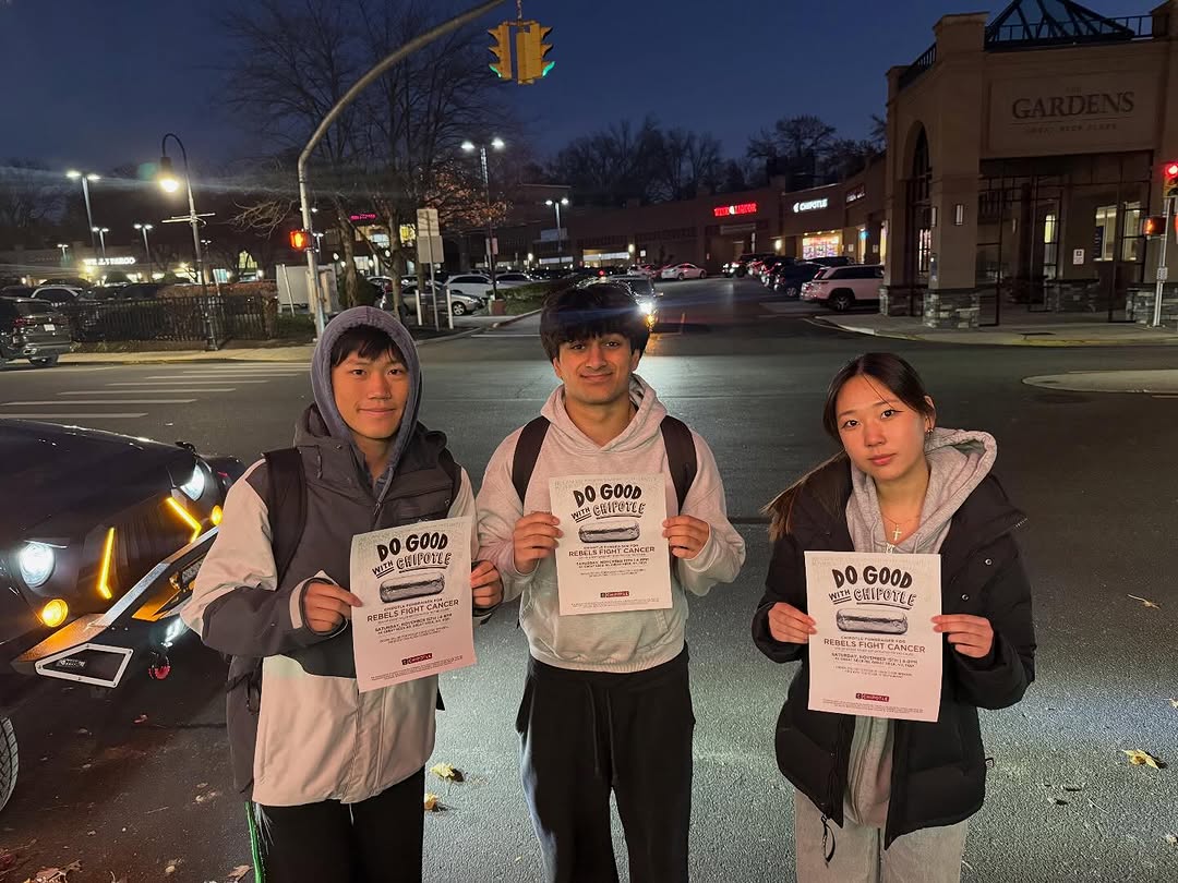 Three Rebels Fight Cancer members holding 'Do Good With Chipotle' fundraiser flyers in front of the Chipotle at Gardens
