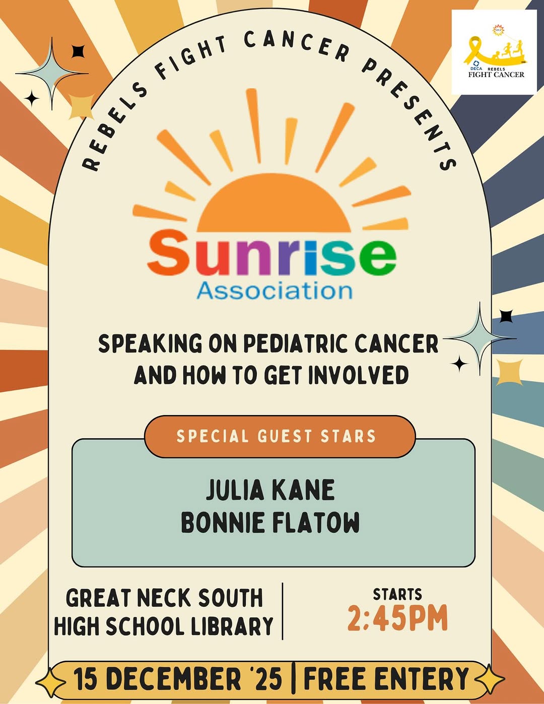 Promotional flyer for Rebels Fight Cancer hosting Sunrise Association at GNS library December 15